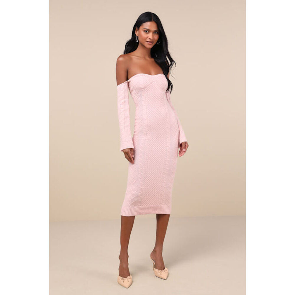 NWOT Lulus Cuddly Element Light Pink Cable Knit Off-the-shoulder Midi Dress